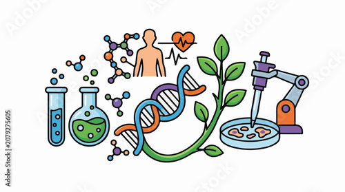 A colorful illustration of scientific and medical icons