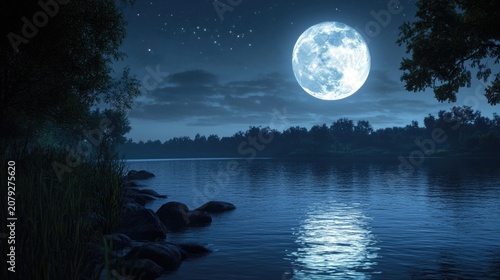 A glowing moon reflecting over a clean river, symbolizing a waste-free, tranquil night