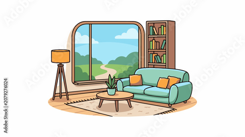 A cozy living room with a sofa coffee table and lamp