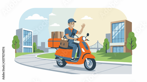 A delivery person riding an orange scooter with packages