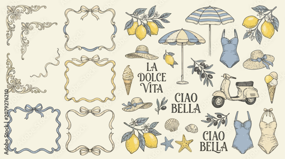 Fototapeta premium Artistic Hand Drawn Doodle Collection of Coquette Girly Italian Beach Vacation Design Elements Featuring Summer Holiday Illustrations in a Feminine Aesthetic Style for Creative Digital Projects