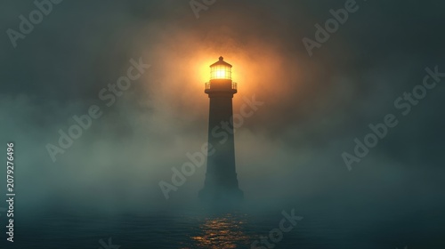 A glowing lighthouse guiding ships through the mist, representing guidance and hope in the fight against tuberculosis