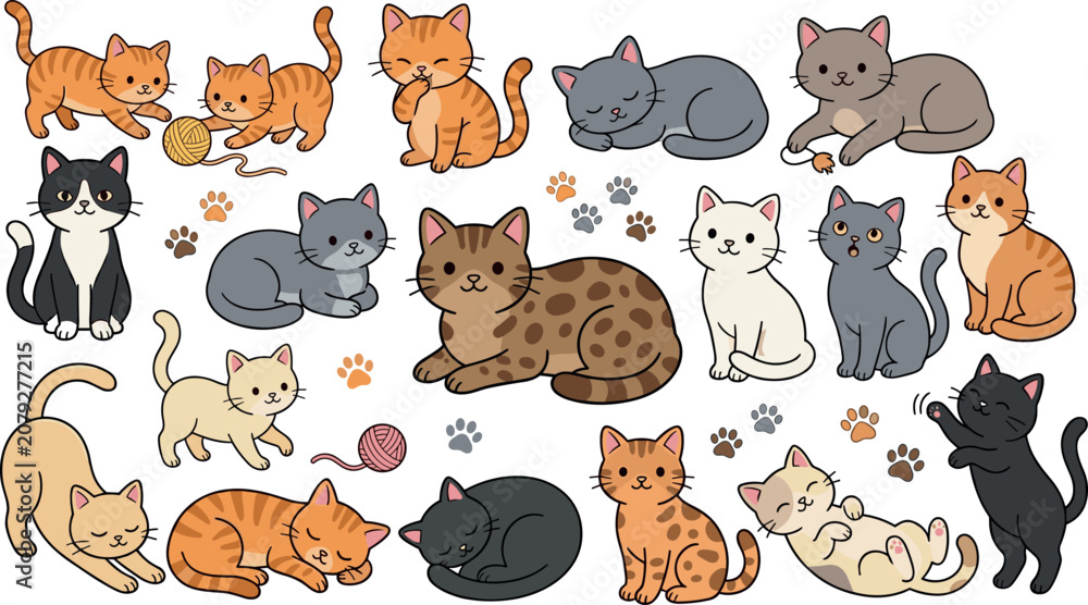 Obraz premium Cute Cartoon Cat Sticker Vector Set Featuring Adorable Kittens Playing Sleeping and Stretching with Paw Prints Isolated on White Background