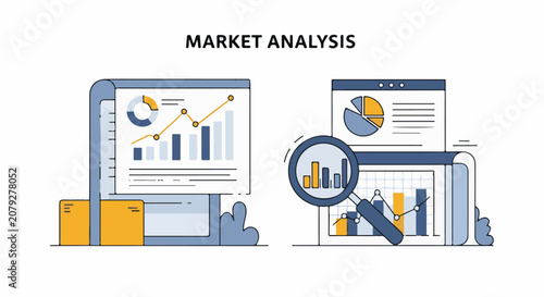 Illustrative depiction of market analysis with charts graphs and magnifying glass