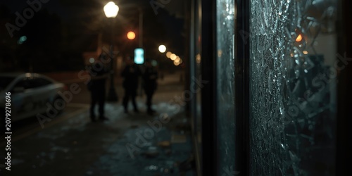 Shattered shop window scene following unsuccessful burglary attempt