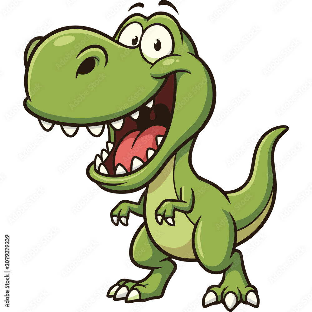 Fototapeta premium A cartoon dinosaur with a big smile is standing on its legs.