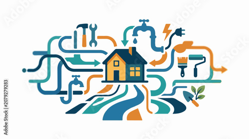 A house surrounded by tools and utilities