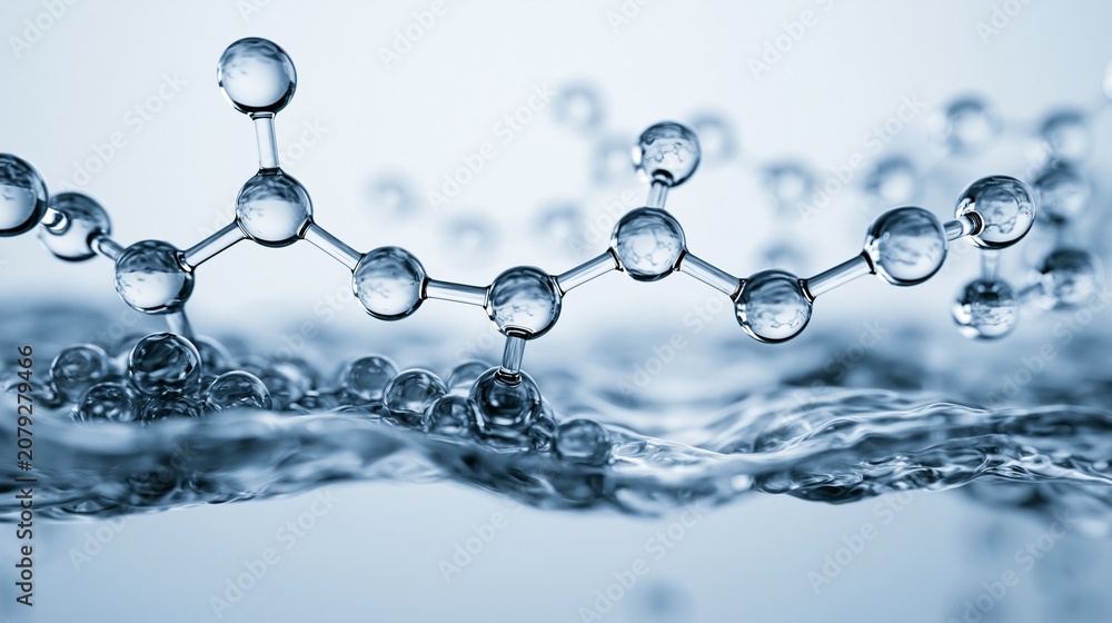 Obraz premium A luminous scientific illustration of water molecules gathering at a liquid interface as polymer chains form, clean white lab background, curious mood, cool blue lighting, cross-section composition.