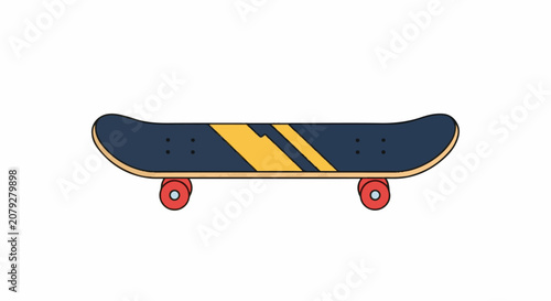 Flat illustration of a dark blue skateboard with a yellow zig-zag design and red wheels on a white background