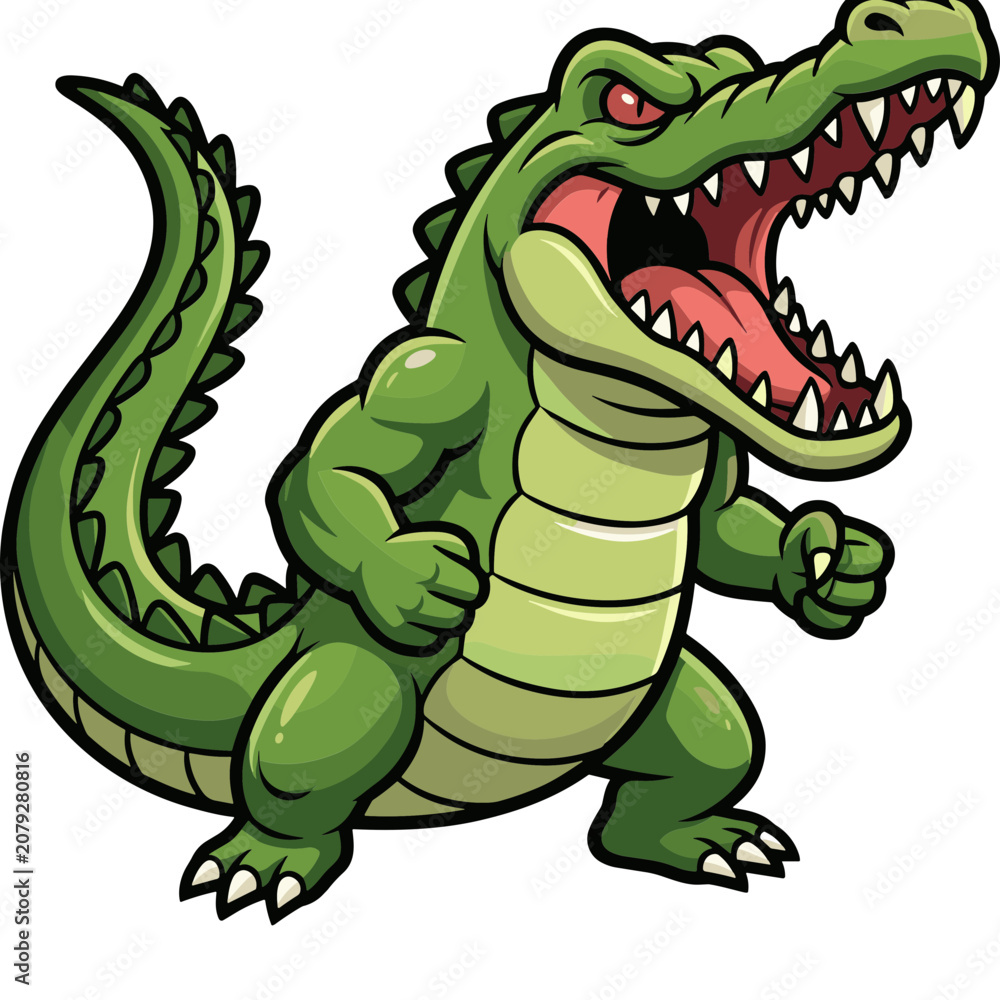 Naklejka premium A large green cartoon crocodile stands aggressively in a neutral environment.