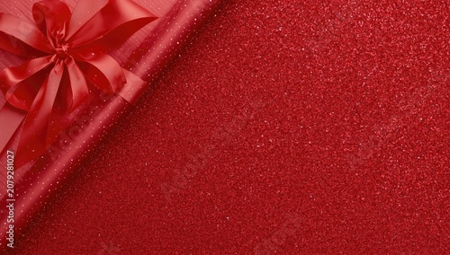 Red glitter wrapping paper with a satin ribbon and bow