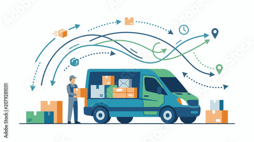 Delivery van with a worker and packages surrounded by arrows and icons