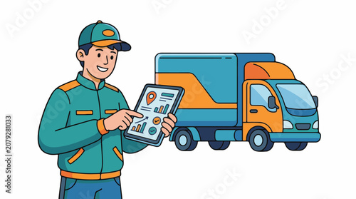 Delivery man with tablet and truck.