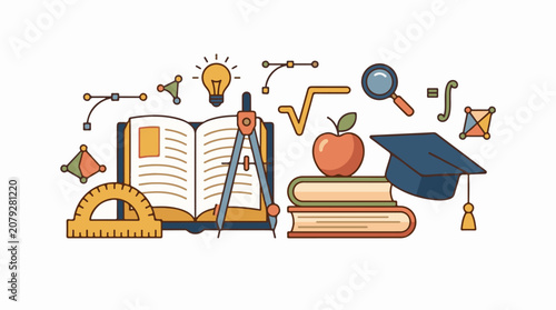 Colorful illustration of school supplies and graduation cap with books and apple