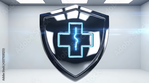 Futuristic 3D Metallic Shield with Glowing Blue Neon Plus Symbol Representing Medical Security and Health Protection