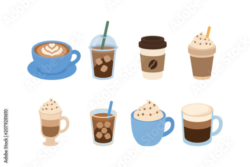 Coffee drink collection with various types of hot and iced coffee. Set of different coffee cups, latte, cappuccino, americano, frappe and cold brew. Flat vector illustration isolated on white backgrou