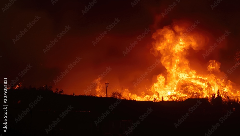 Fototapeta premium Wildfire flames engulfing a landscape at night