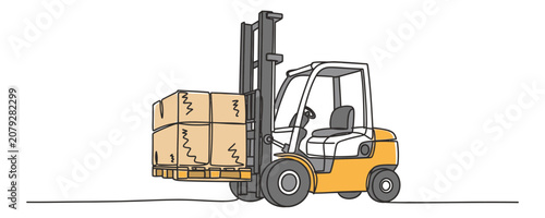 Industrial vector illustration of a forklift lifting cargo pallets for warehouse material handling and supply chain inventory management in a professional logistics distribution center setting