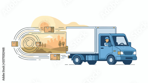A blue delivery truck transporting packages through a scenic route