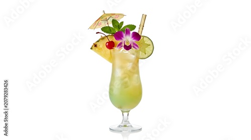 Colorful tropical cocktail with umbrella garnish.