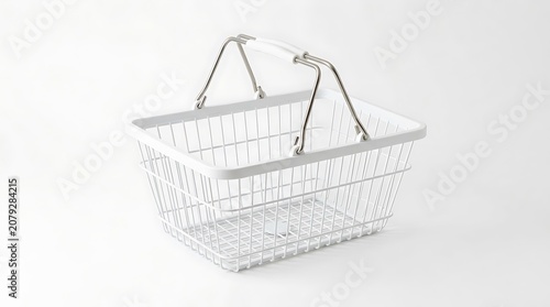 Wire mesh shopping basket on white.