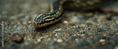Macro shot of a grass snake positioned on a textured surface with fine details