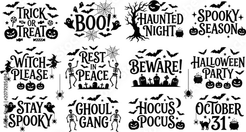 Foto Halloween themed typographic phrases and illustrations on white background