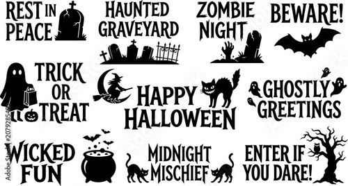 Schilderij op canvas Halloween themed black silhouettes and phrases on white background for graphic d