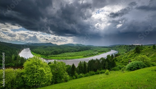 beautiful spring landscape with river valley and lush green forests under rain clouds