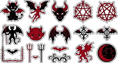 Foto Halloween sticker set with various devil and bat designs in red and black  isola