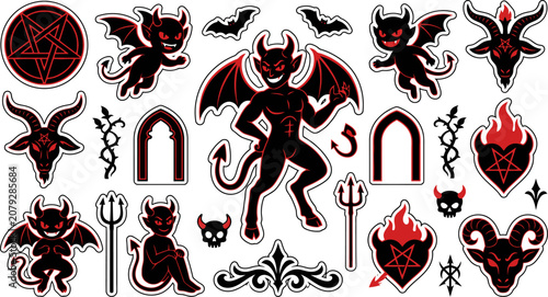Collection of devil and satanic symbols stickers with red and black color scheme on white background