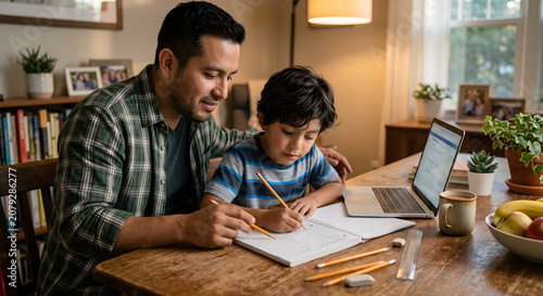 Hispanic father helping son homework laptop kitchen table