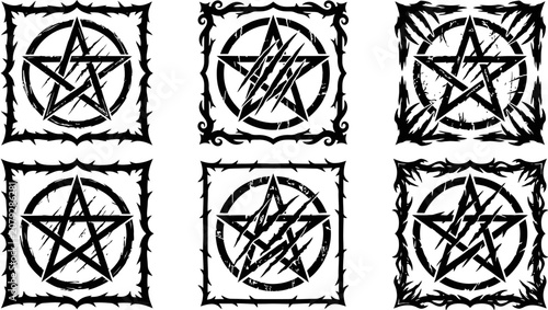 Schilderij op canvas set of grungy pentagram symbols with thorn border  occult graphic design element