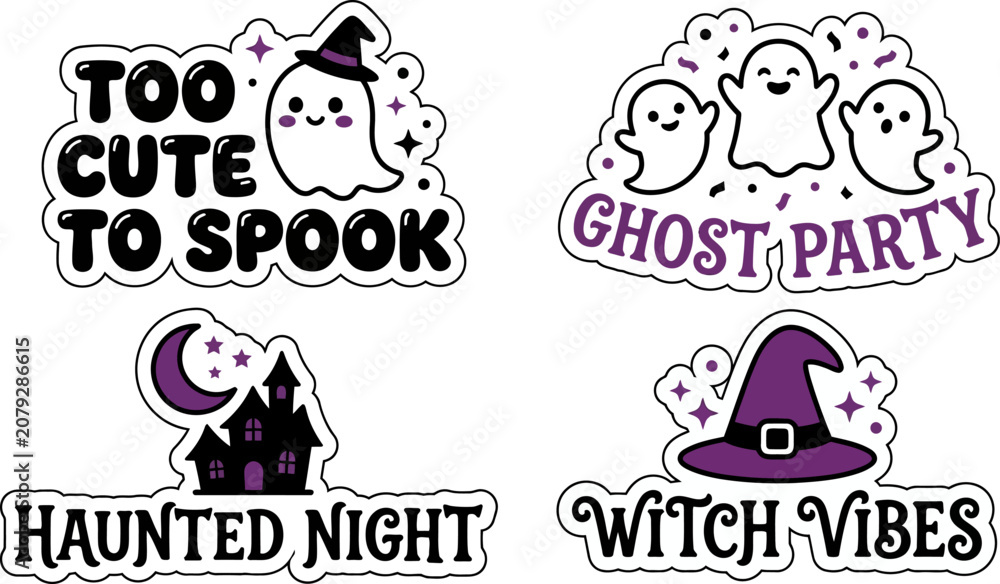 Fototapeta premium Halloween stickers with ghosts and witch hats and spooky houses on transparent background