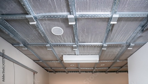suspended ceiling made of drywall fixed by screws on metal framework with copy space