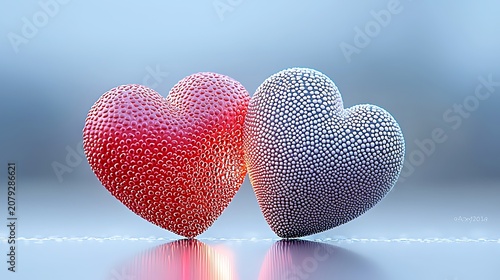 Two textured hearts, one red, one blue, together on a smooth, shiny surface, against a soft light