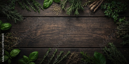 Top view of smooth dark wood surface featuring fresh herbs and copy space