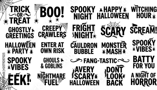 Φωτογραφία halloween text phrases and words with spiders and webs on white background