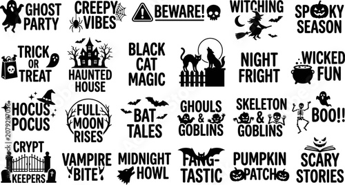 Foto Halloween themed words and icons in black on white background