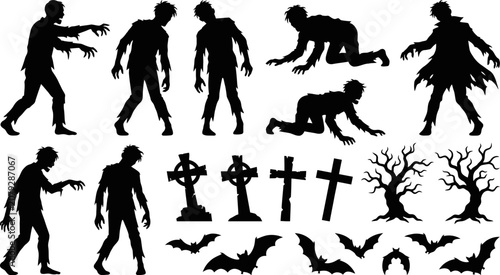 Foto Black silhouettes of zombies bats trees and crosses on white background for hall