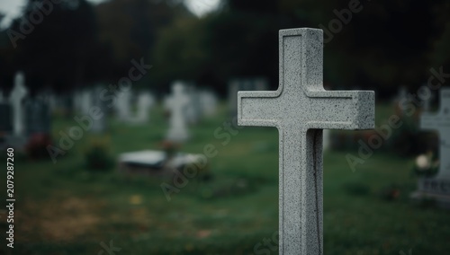 Gray stone cross in a cemetery with blurred gravestones