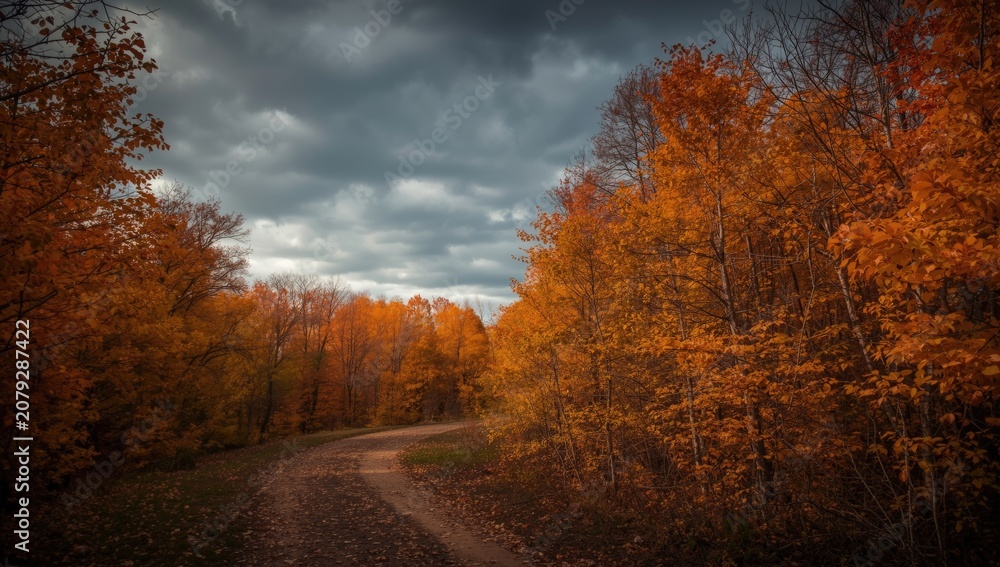 Fototapeta premium Vivid fall forest with curved dirt trail flanked by orange and yellow leaves and a dark moody sky