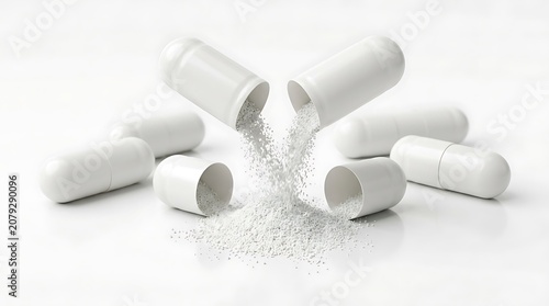 White capsules with powder spilling out.