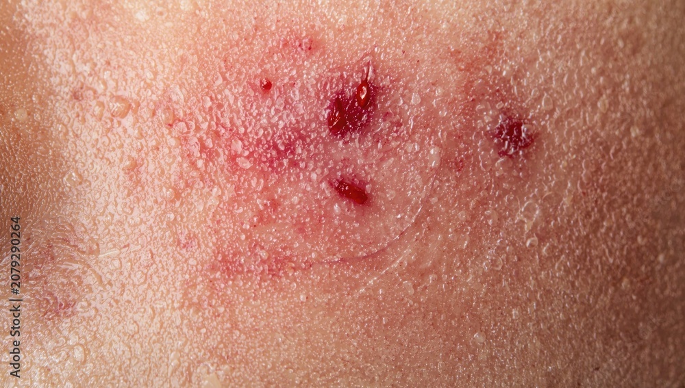 Fototapeta premium Close-up of inflamed skin with blemishes and moisture