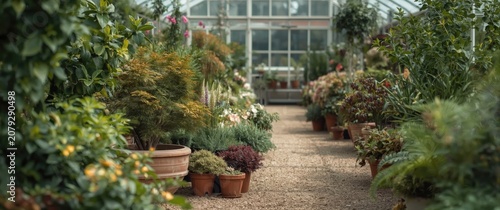 Potted plants arranged in a greenhouse for landscaping