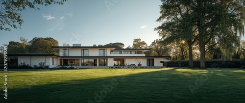 Modern house with expansive lawn and trees in the background