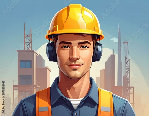 Digital illustration portrait of a male engineer wearing a yellow hard hat and safety vest against a neutral background.