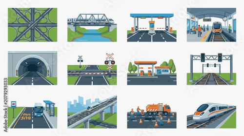 Fotografie Illustrated Scenes of Modern Transportation Infrastructure.