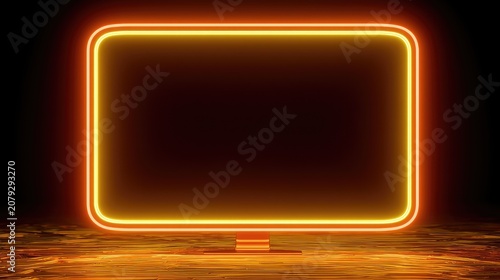 Glowing Neon Rectangle Frame on Dark Background with Water Reflection.