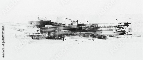 Abstract black and white brush stroke artwork on canvas